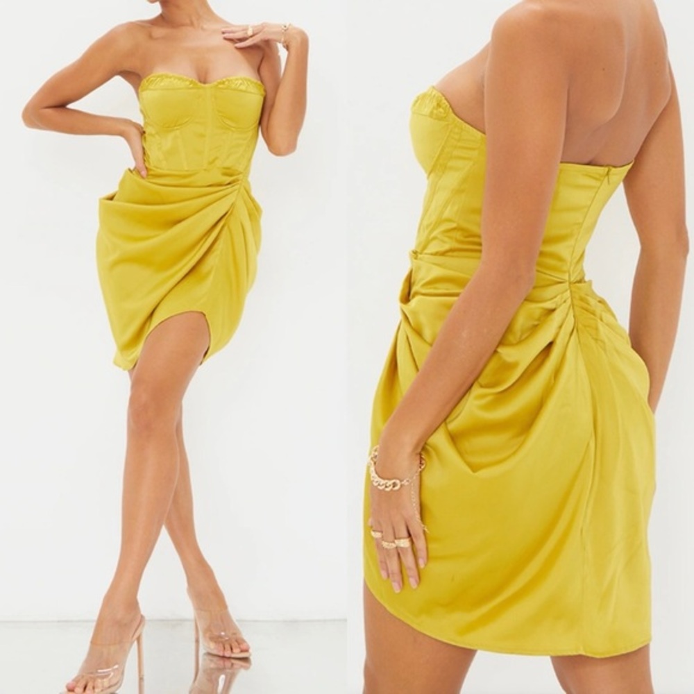 Pretty Little Thing Satin Corset Cocktail‎ Mini Dress in Marigold - 6